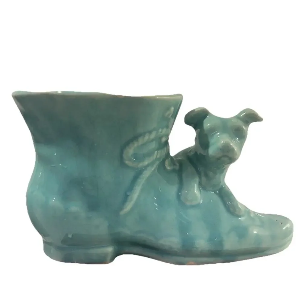 Vintage USA‎ Pottery Blue Ceramic Shoe With Dog Planter With Bow